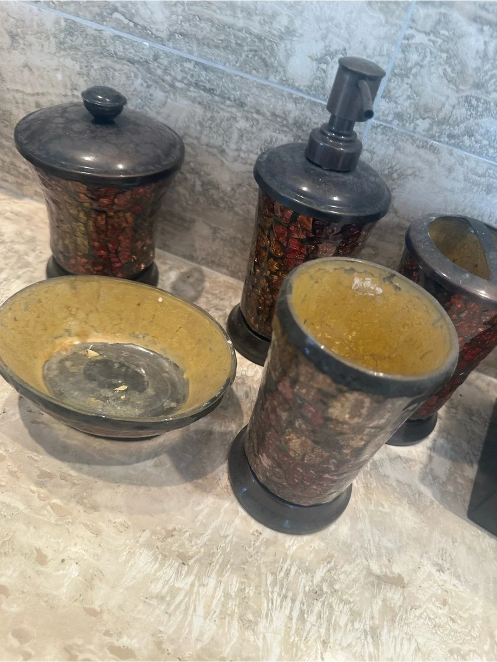 Decorative Yellow and Red Mosaic Bathroom Accessory Set Lot of 6 items